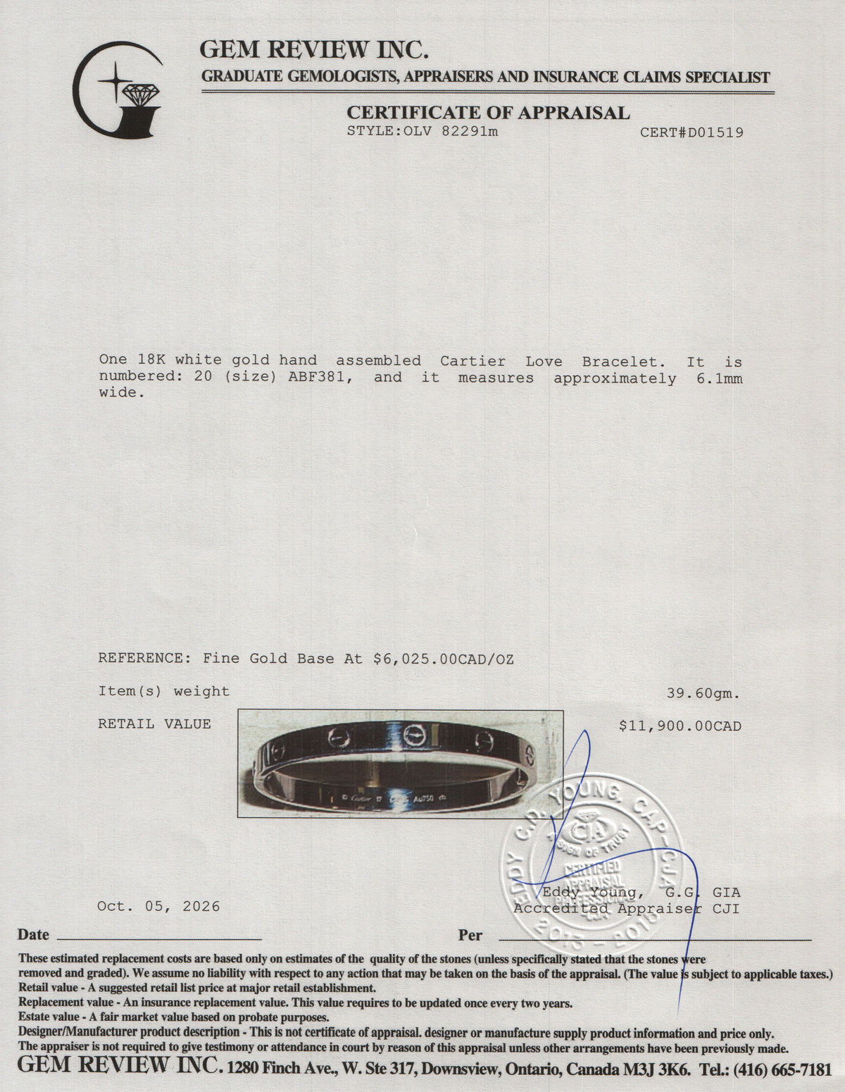 Cartier 18k White Gold Love Bracelet, Classic Model, Size 20 w/ Box & Certificate