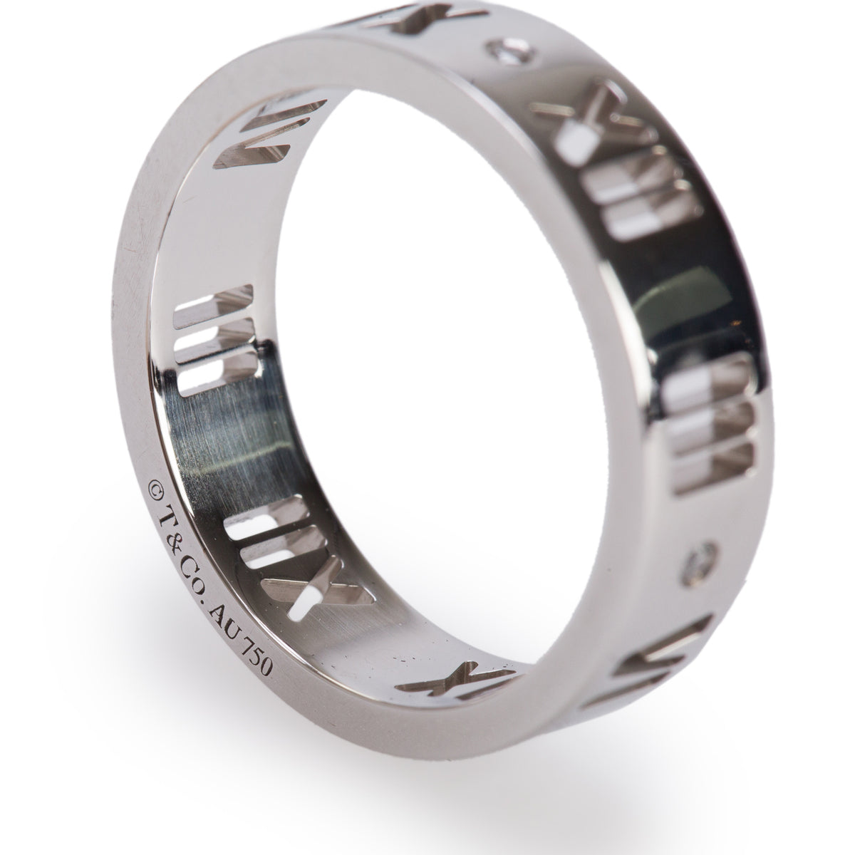 Tiffany & Co. 18k White Gold & Diamond Atlas Pierced 5 MM Band Ring, Size 5.75 w/ Box