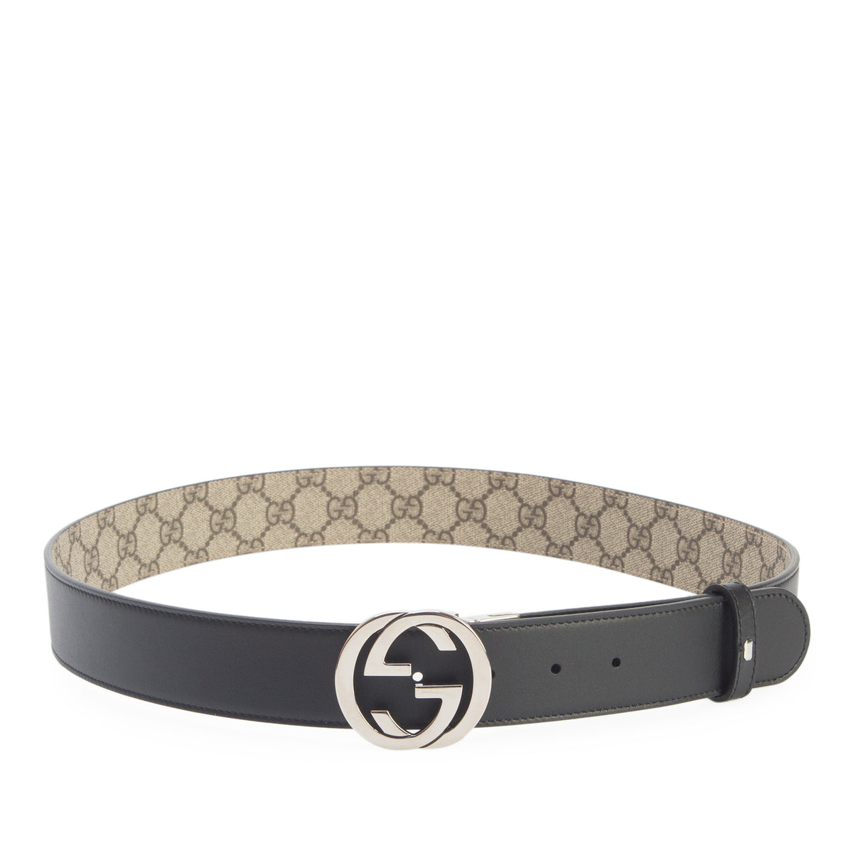 Gucci Brown GG Supreme Black Leather Interlocking G Reversible Belt, 100 40 w/ Box