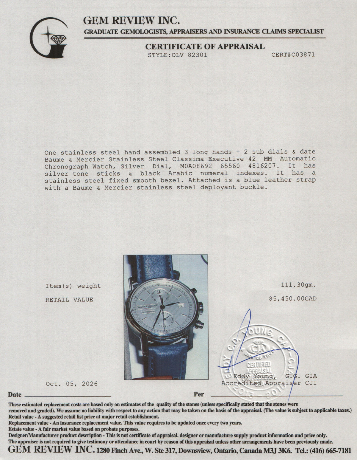 Baume & Mercier Stainless Steel Classima Executive 42 MM Automatic Chronograph Watch Silver Dial M0A08692 w/ Box & Papers