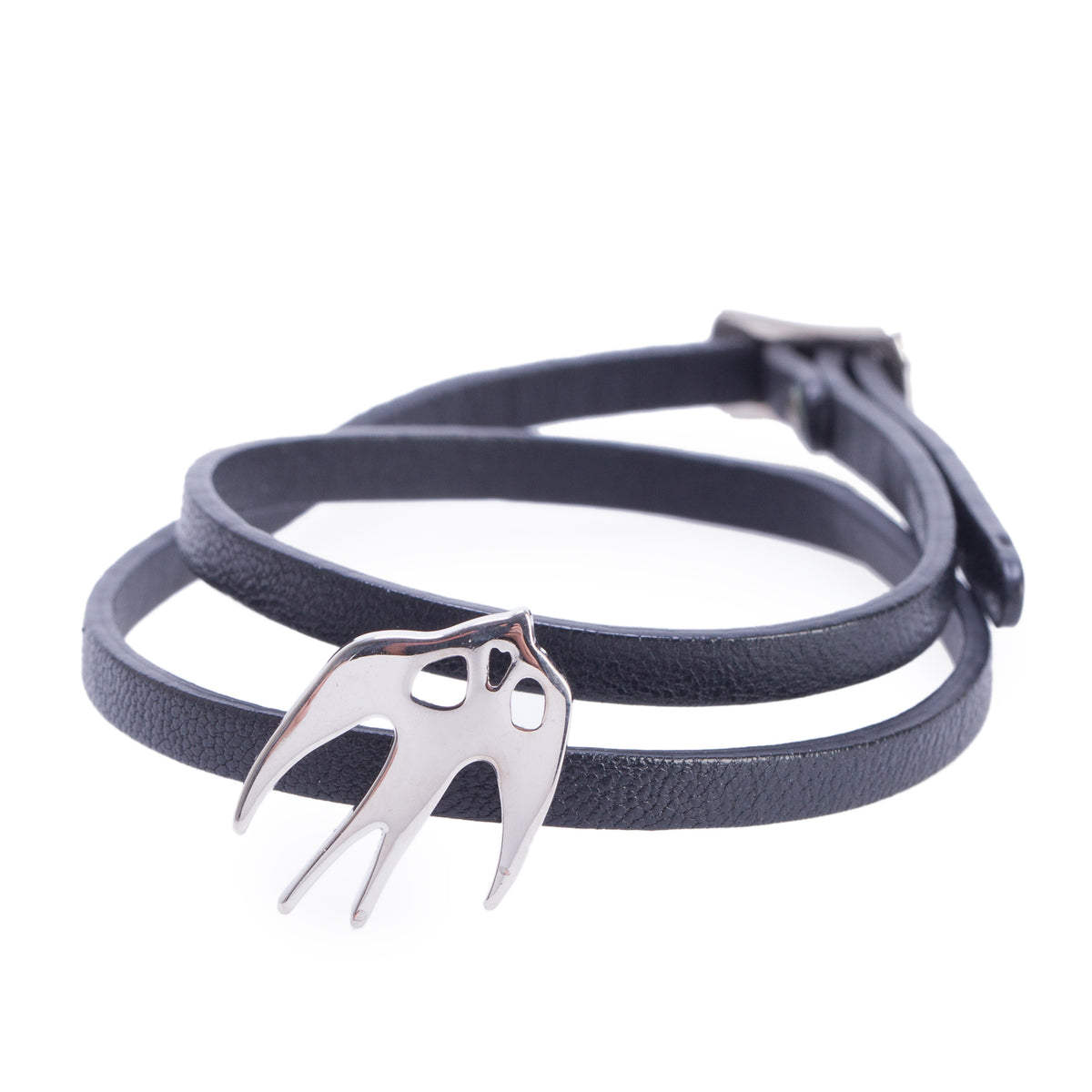 Alexander Mcqueen Silver Plated Black Leather Swallow Double Wrap Bracelet
