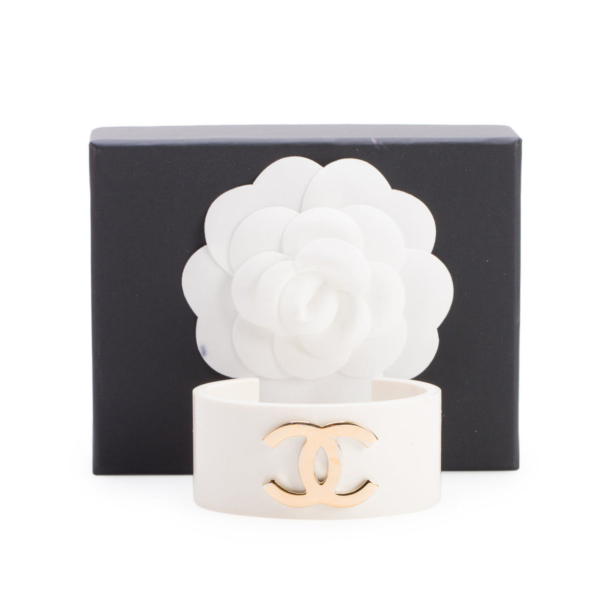 Chanel White Resin Gold Plated CC Cuff Bracelet w/ Box