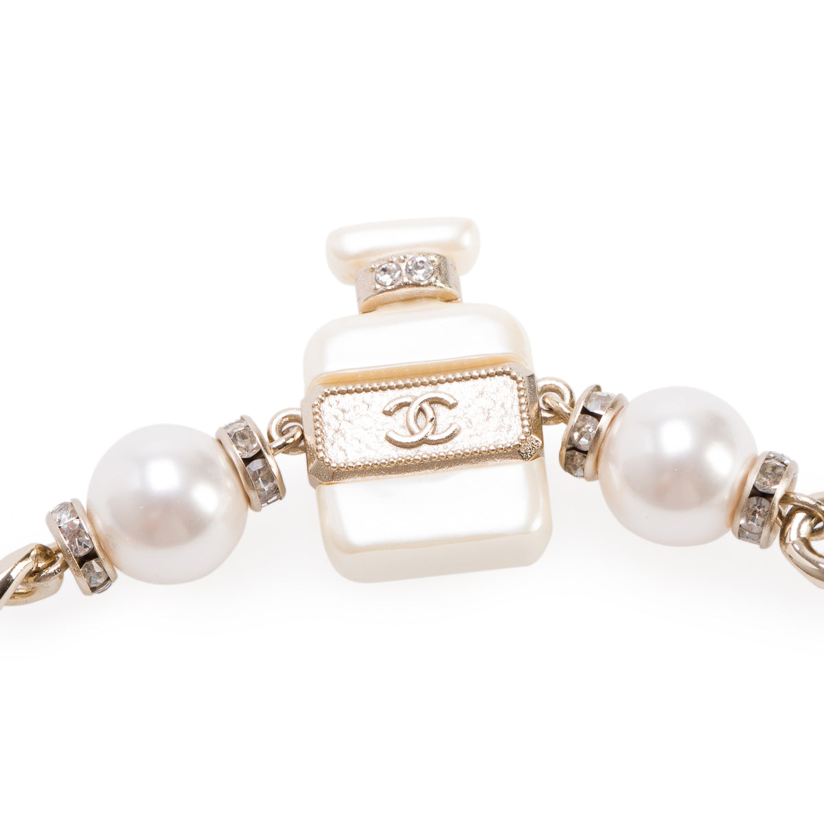 Chanel 2022 Gold-Plated Faux Pearl Resin Strass CC No.5 Perfume Bottle Choker Necklace w/ Box