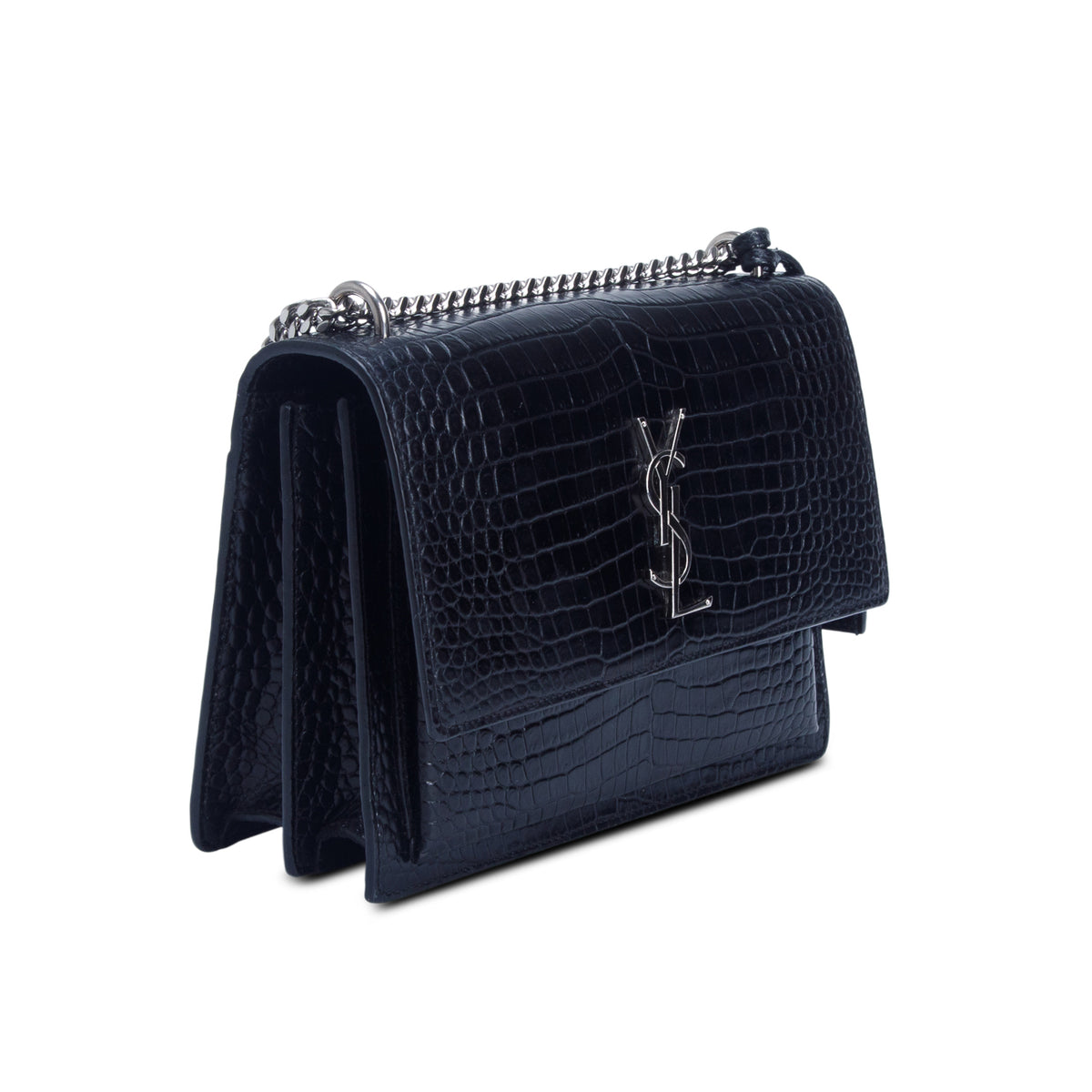 Saint Laurent Black Croc Embossed Calfskin Medium Sunset Bag