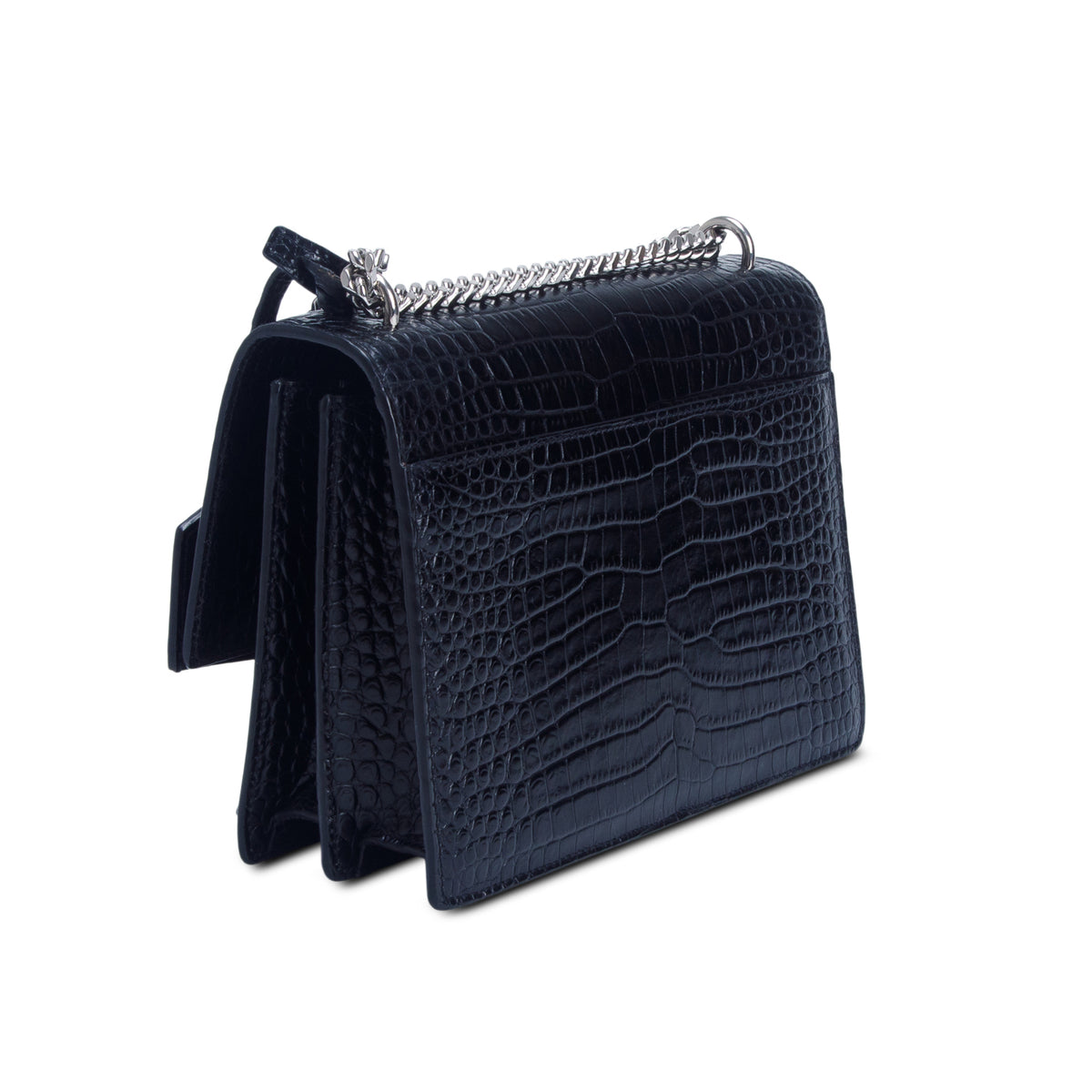 Saint Laurent Black Croc Embossed Calfskin Medium Sunset Bag
