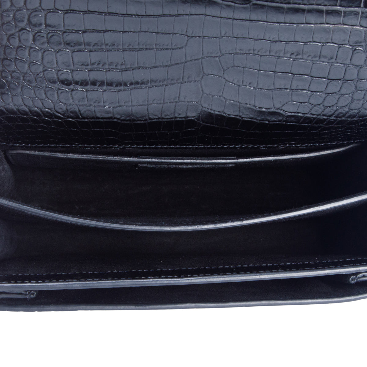 Saint Laurent Black Croc Embossed Calfskin Medium Sunset Bag