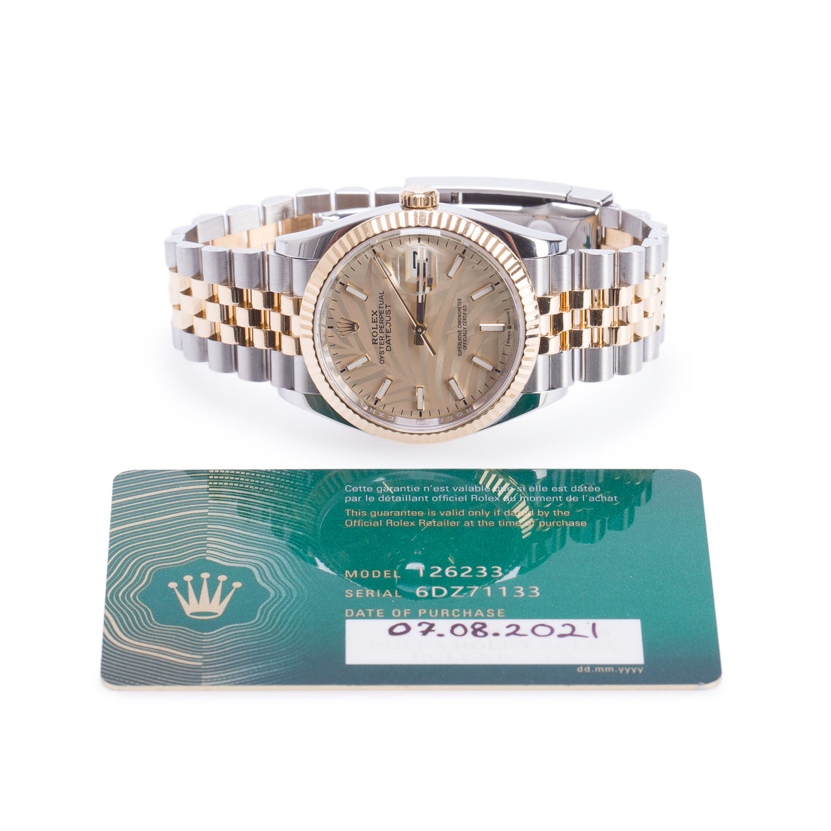 Rolex 2021 Stainless Steel & 18k Yellow Gold Datejust 36 MM Automatic Watch Gold Palm Motif Dial 126233 w/ Papers