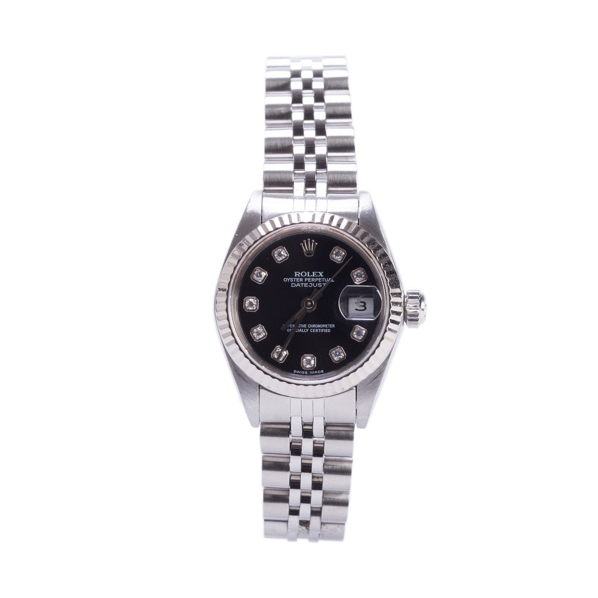Rolex Stainless Steel Lady-Datejust 26 MM Automatic Watch Black Diamond Dial 69174 w/ Box & Papers