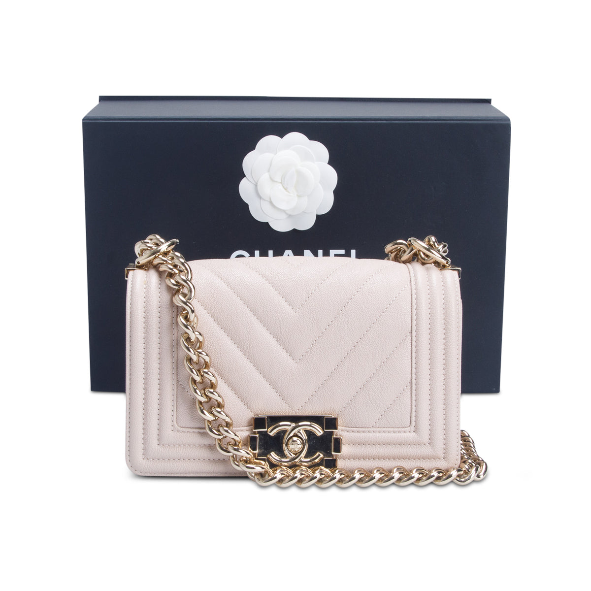 Chanel Beige Caviar Chevron Leather Small Boy Bag w/ Box & Authenticity Card