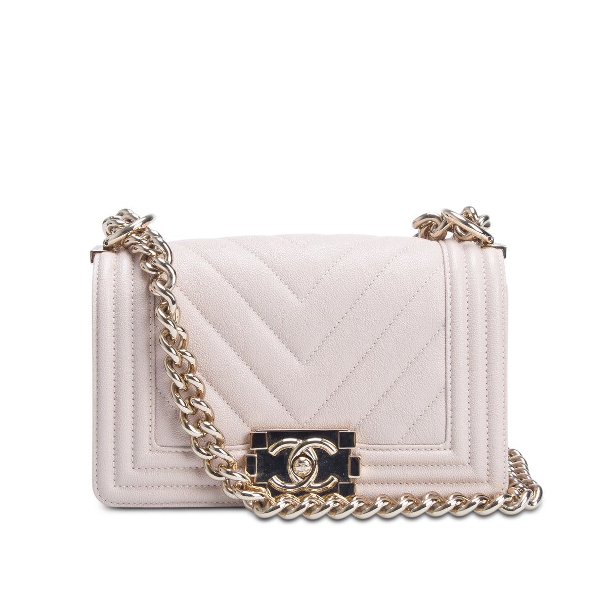 Chanel Beige Caviar Chevron Leather Small Boy Bag w/ Box & Authenticity Card