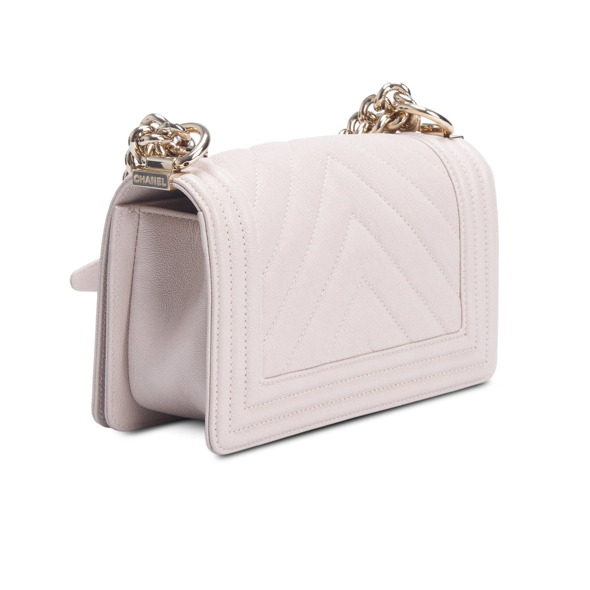 Chanel Beige Caviar Chevron Leather Small Boy Bag w/ Box & Authenticity Card