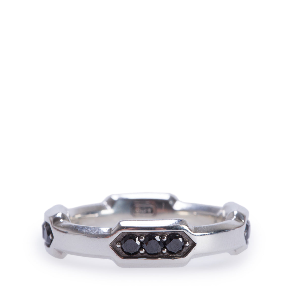 David Yurman Sterling Silver Black Diamond Hex Station 6 MM Band Ring, Size 9
