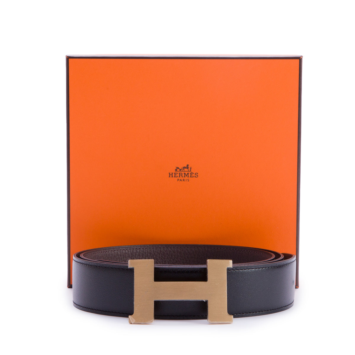 Hermes 2025 Noir/Chocolat Box/Togo Reversible Leather 38 MM Constance Buckle Belt Kit, Size 105 w/ Box & Receipt