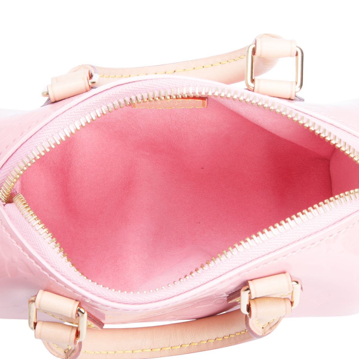 Louis Vuitton 2023 Pink Vernis Monogram Nano Speedy w/ Strap & Receipt