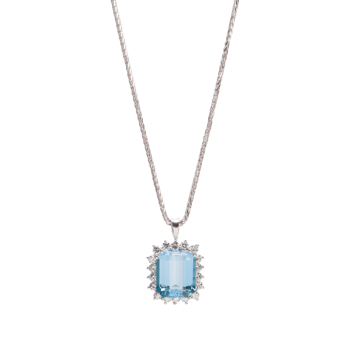 14k White Gold Blue Topaz & Diamond Pendant Necklace