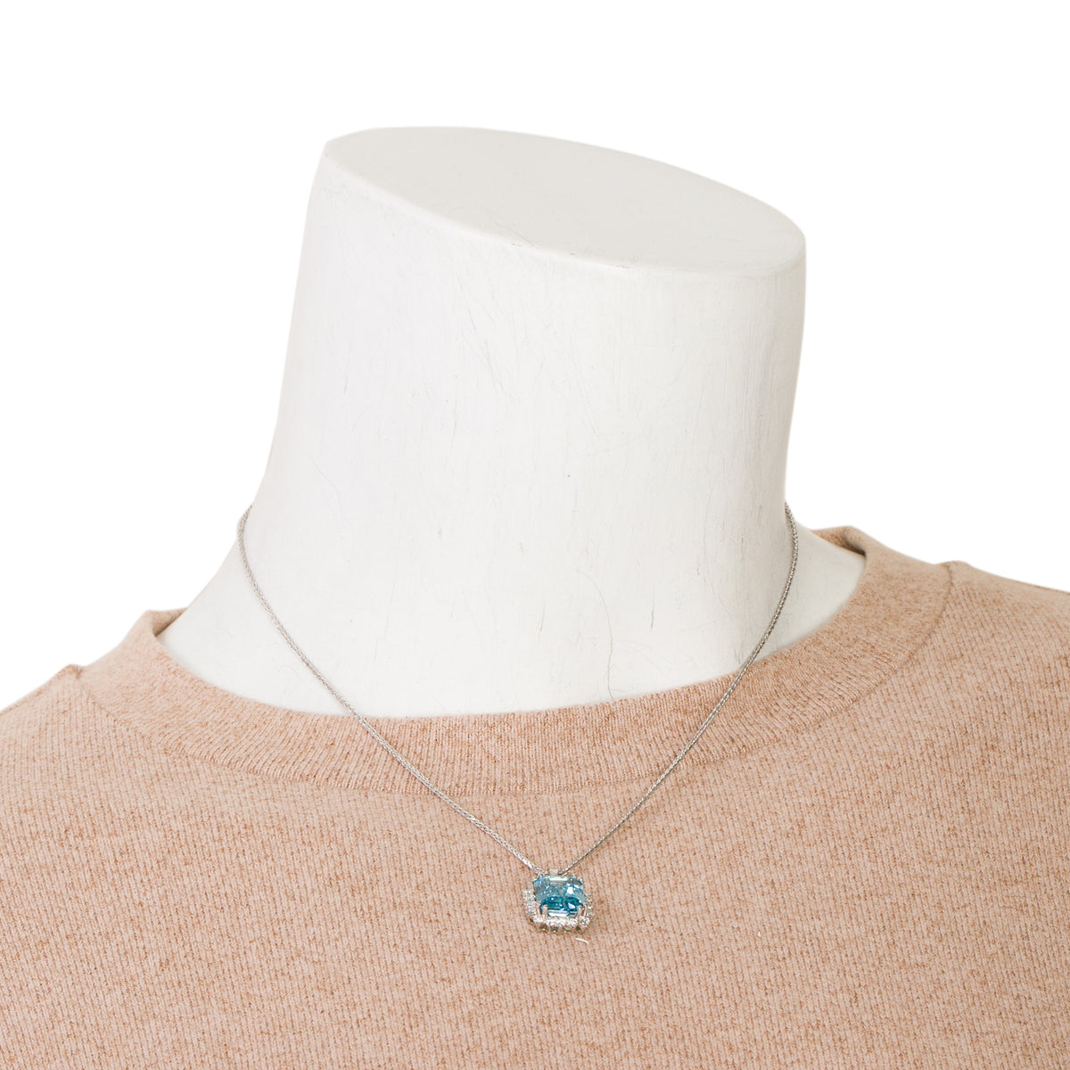 14k White Gold Blue Topaz & Diamond Pendant Necklace