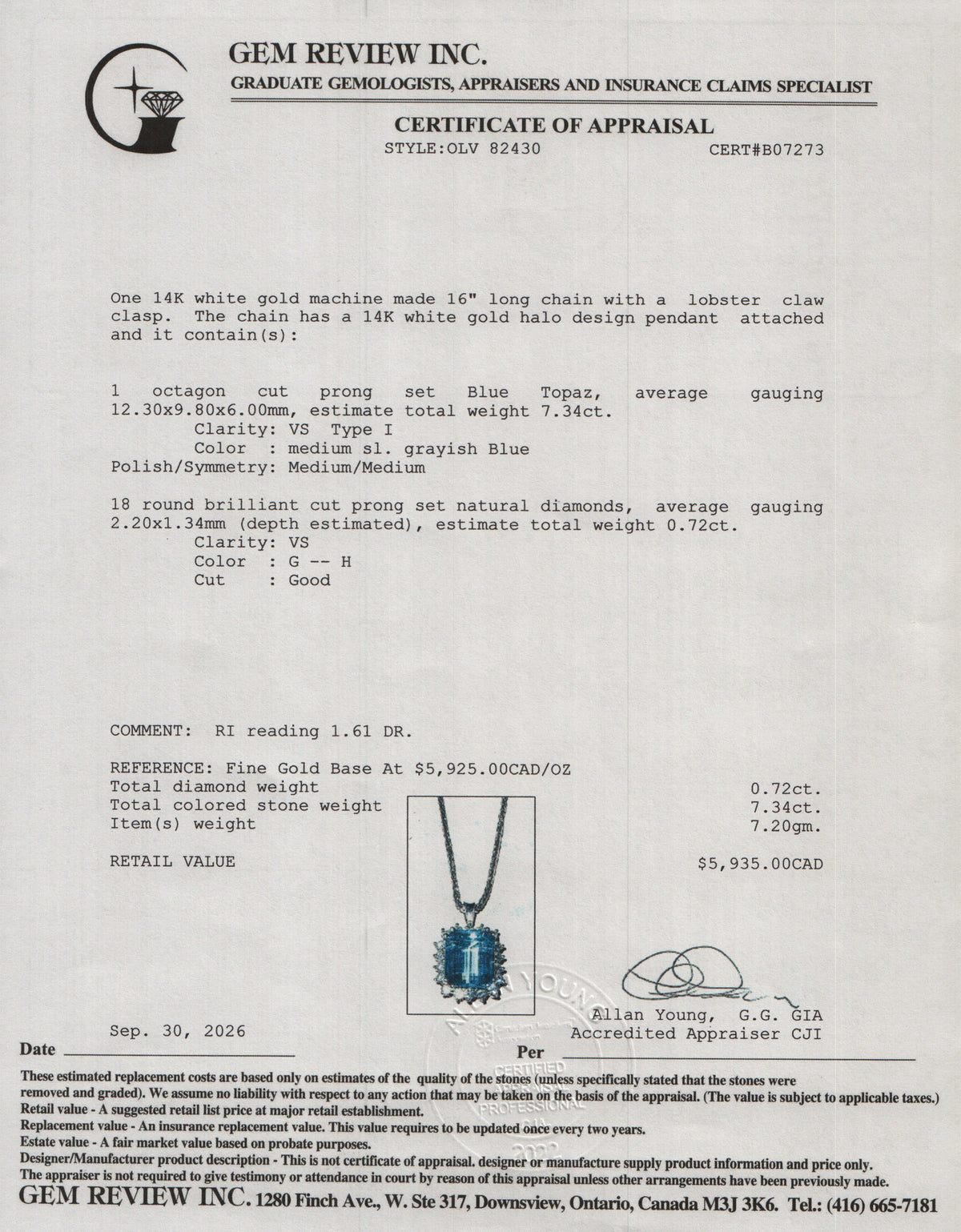 14k White Gold Blue Topaz & Diamond Pendant Necklace