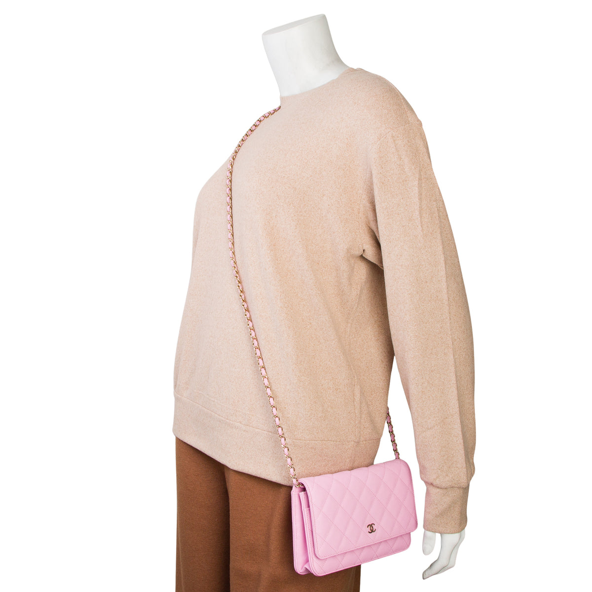 Chanel 2023 Pink Caviar Quilted Classic Wallet on Chain w/ Box & Receipt