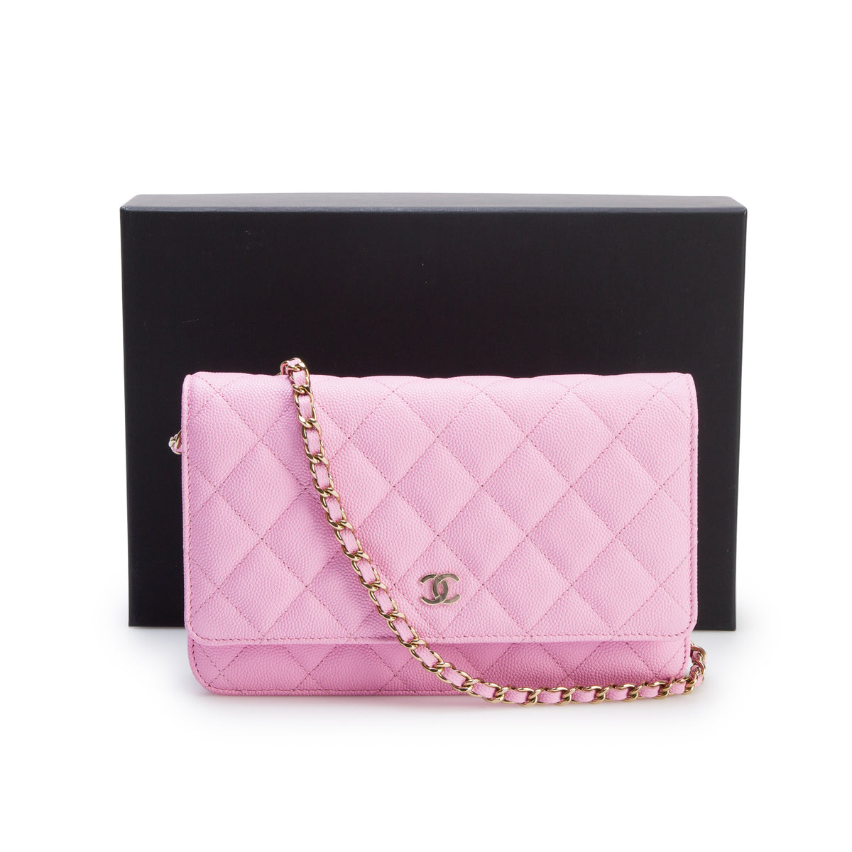 Chanel 2023 Pink Caviar Quilted Classic Wallet on Chain w/ Box & Receipt