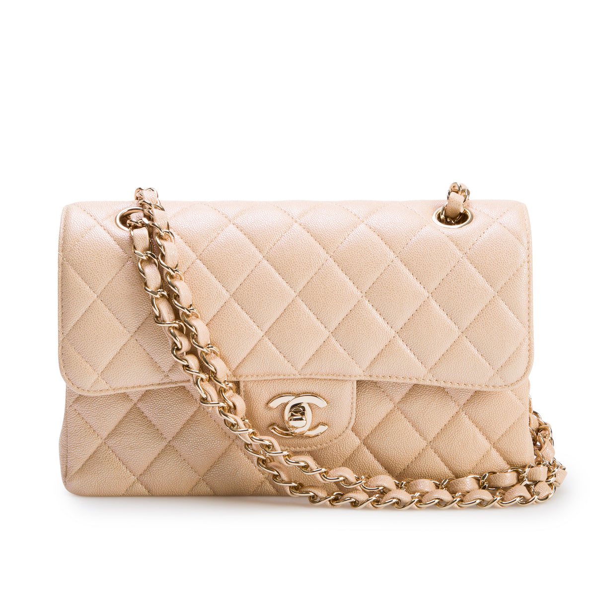 Chanel Iridescent Beige Quilted Caviar Small Double Flap w/ Box