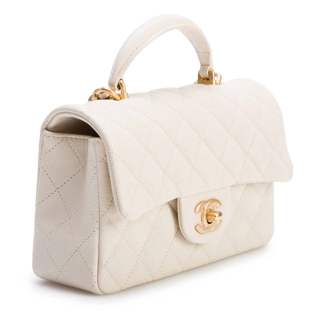 Chanel 2021 Beige Caviar Quilted Mini Top Handle Rectangular Flap w/ Box & Authenticity Card