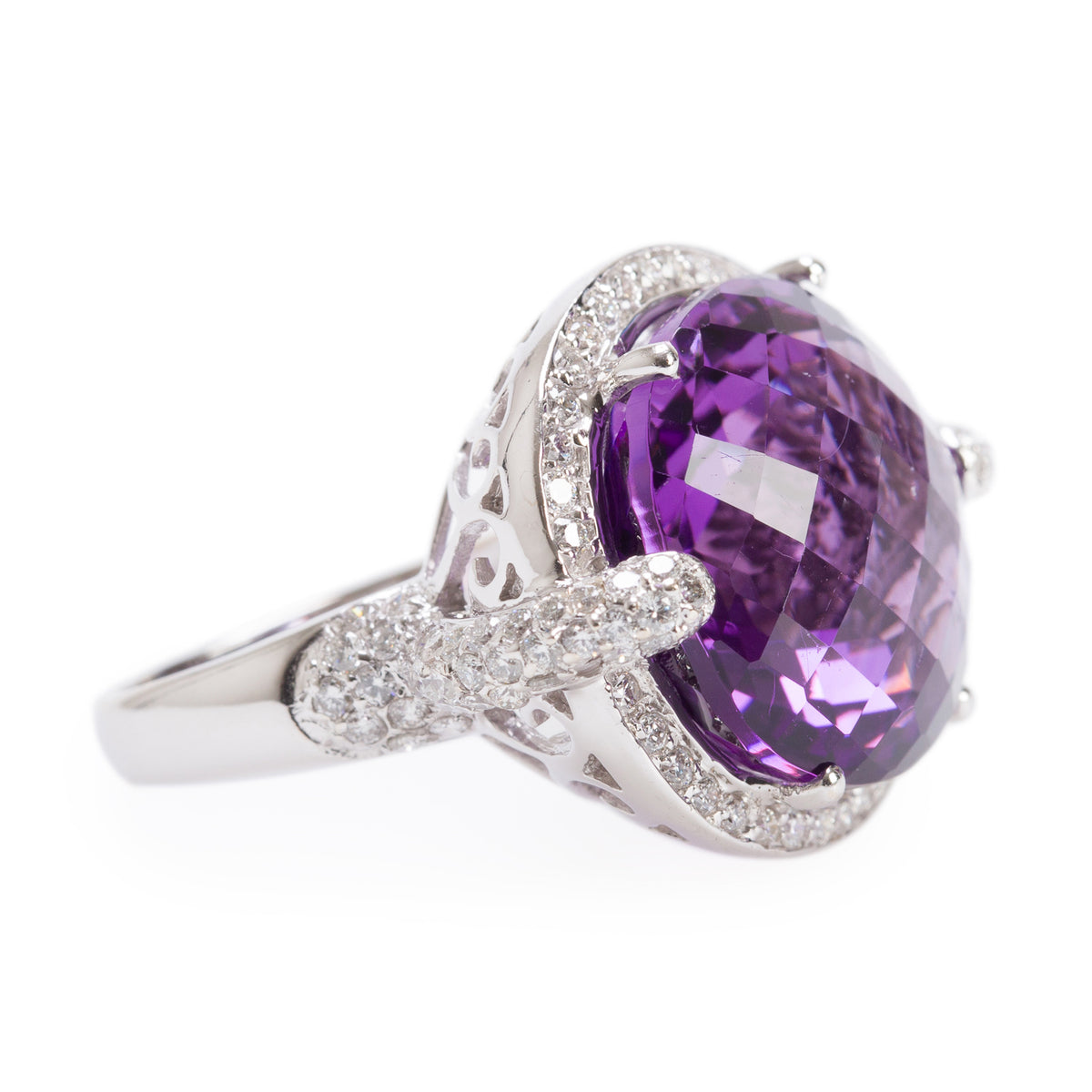 18k White Gold Amethyst & Diamond Ring, Size 6.25
