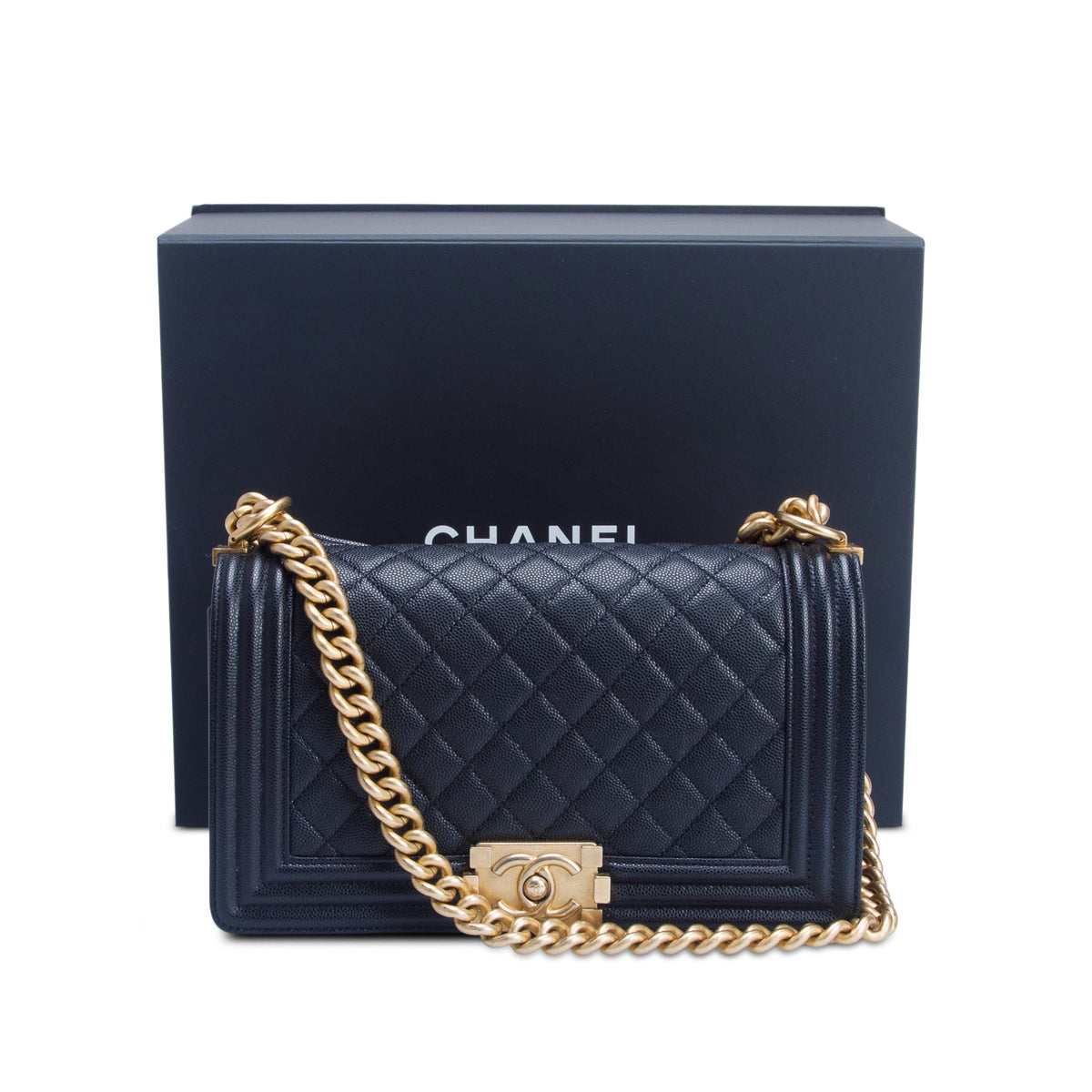 Chanel Black Quilted Caviar Medium Boy Flap Bag w/ Box & Authenticity Card