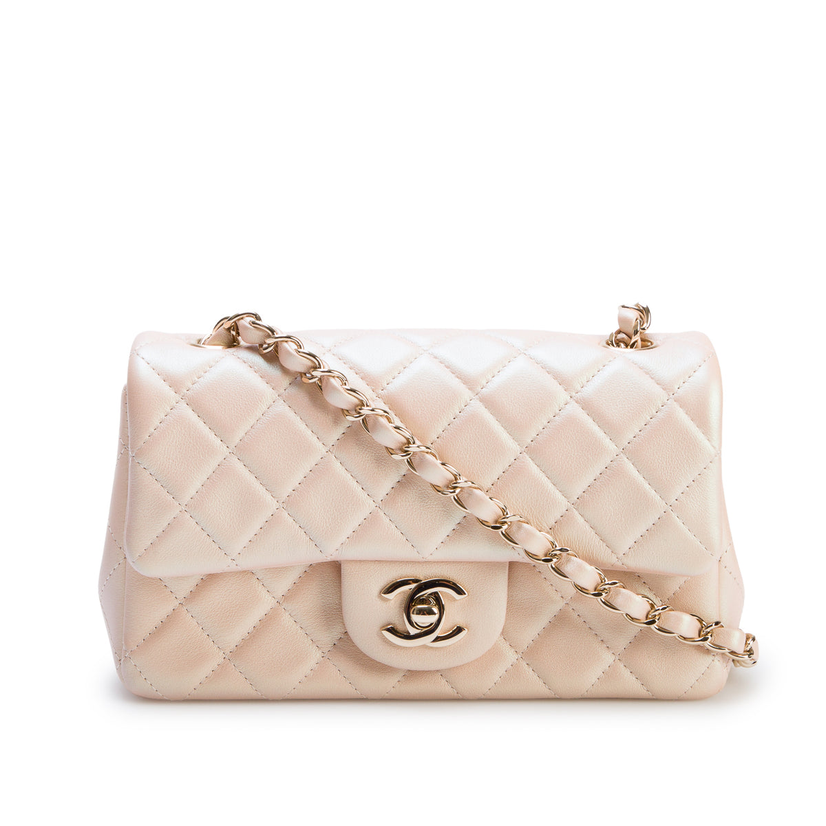 Chanel 2021 Iridescent Beige Lambskin Quilted Mini Rectangular Flap Bag w/ Box & Authenticity Card
