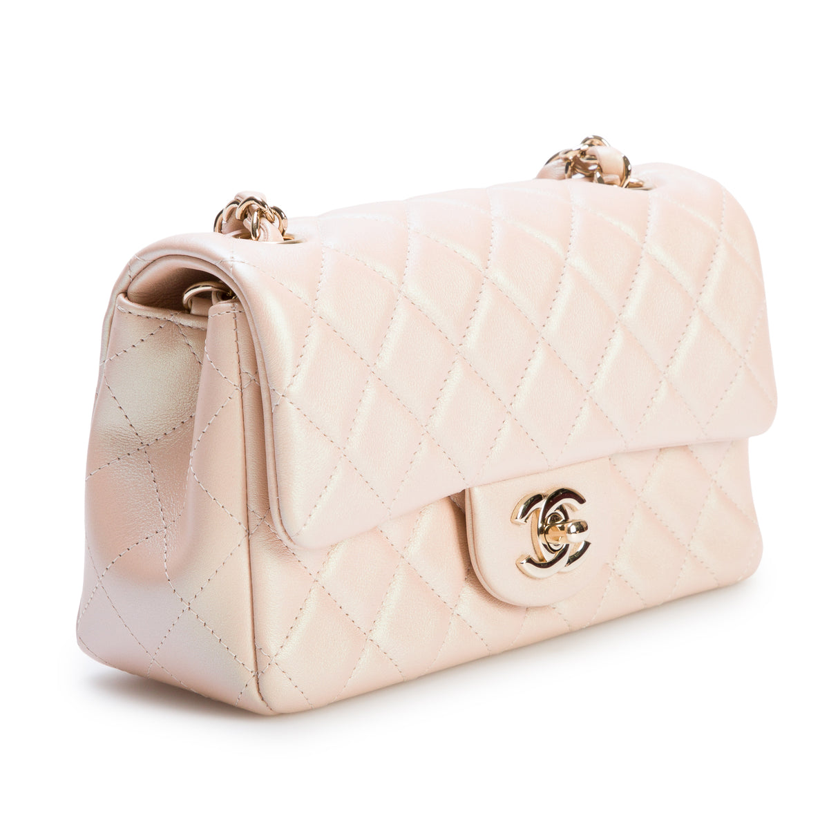 Chanel 2021 Iridescent Beige Lambskin Quilted Mini Rectangular Flap Bag w/ Box & Authenticity Card