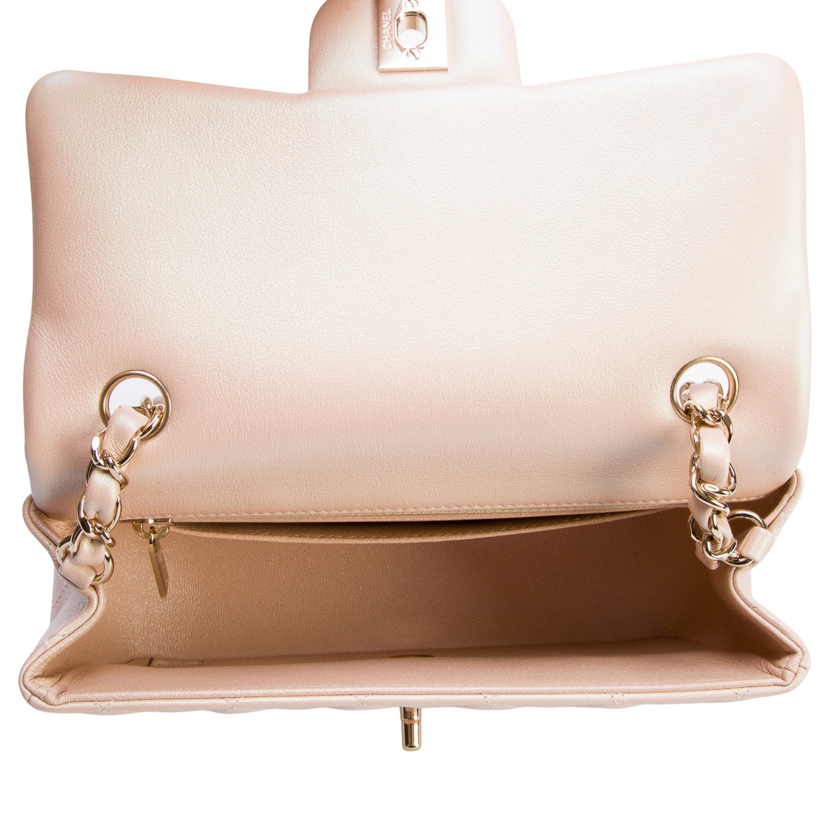 Chanel 2021 Iridescent Beige Lambskin Quilted Mini Rectangular Flap Bag w/ Box & Authenticity Card