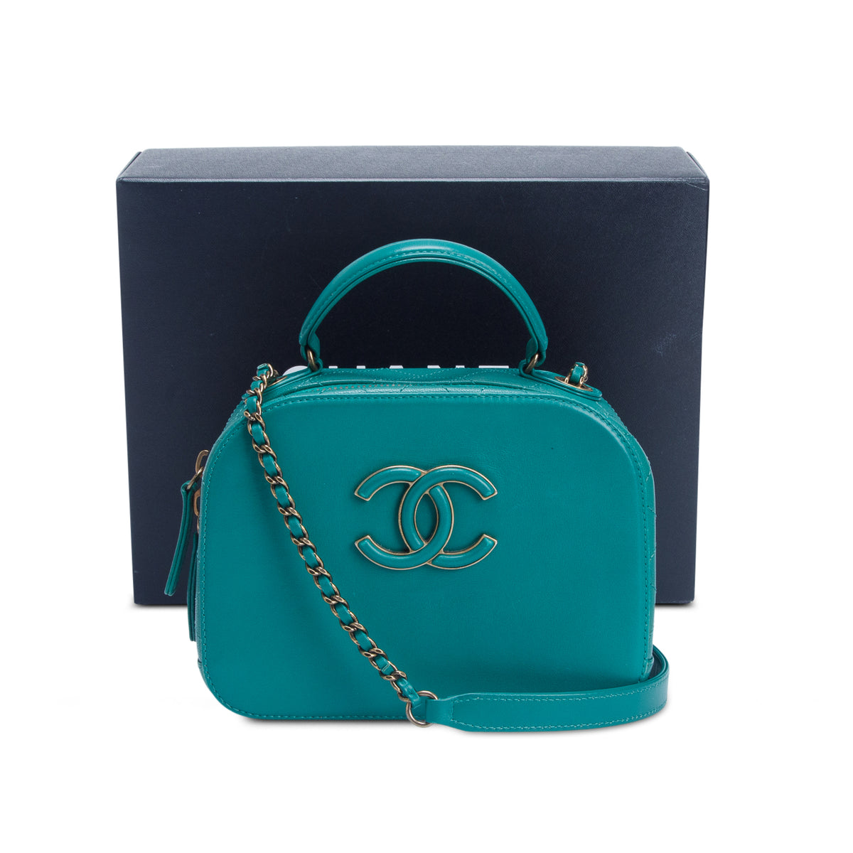 Chanel Green Shiny Calfskin Goatskin Small Coco Curve Vanity Bag w/ Box