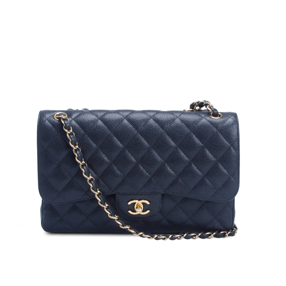 Chanel Black Caviar Quilted Leather Classic Jumbo Double Flap Bag w/ Authenticity Card