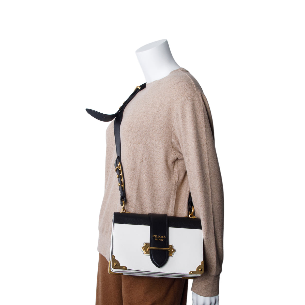 Prada White/Black City Calf Saffiano Cahier Bag w/ Box & Authenticity Card