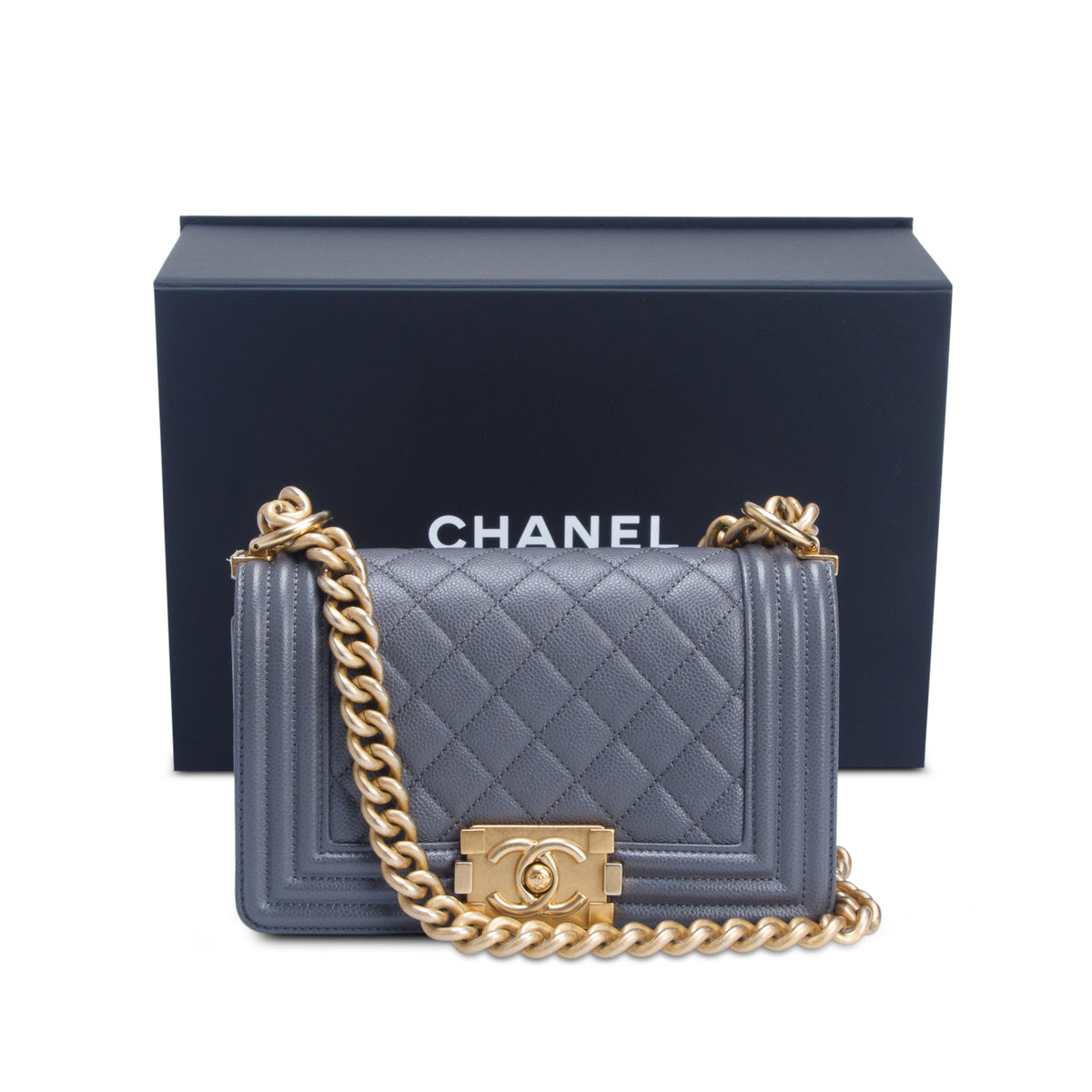 Chanel Grey Caviar Quilted Leather Small Boy Bag w/ Box