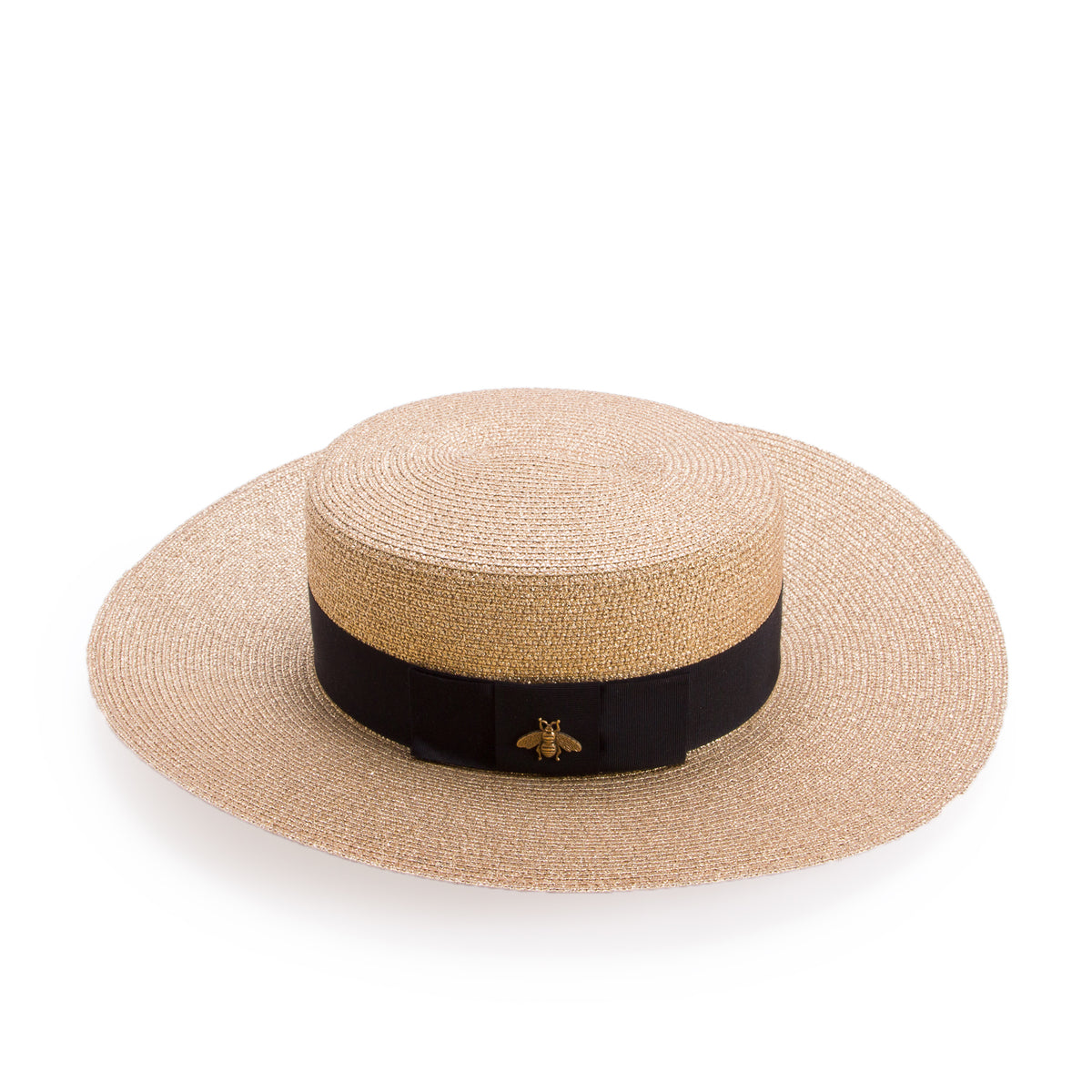 Gucci Gold & Black Straw Bee Embellished Grosgrain Lame Hat, Size M 57 w/ Box