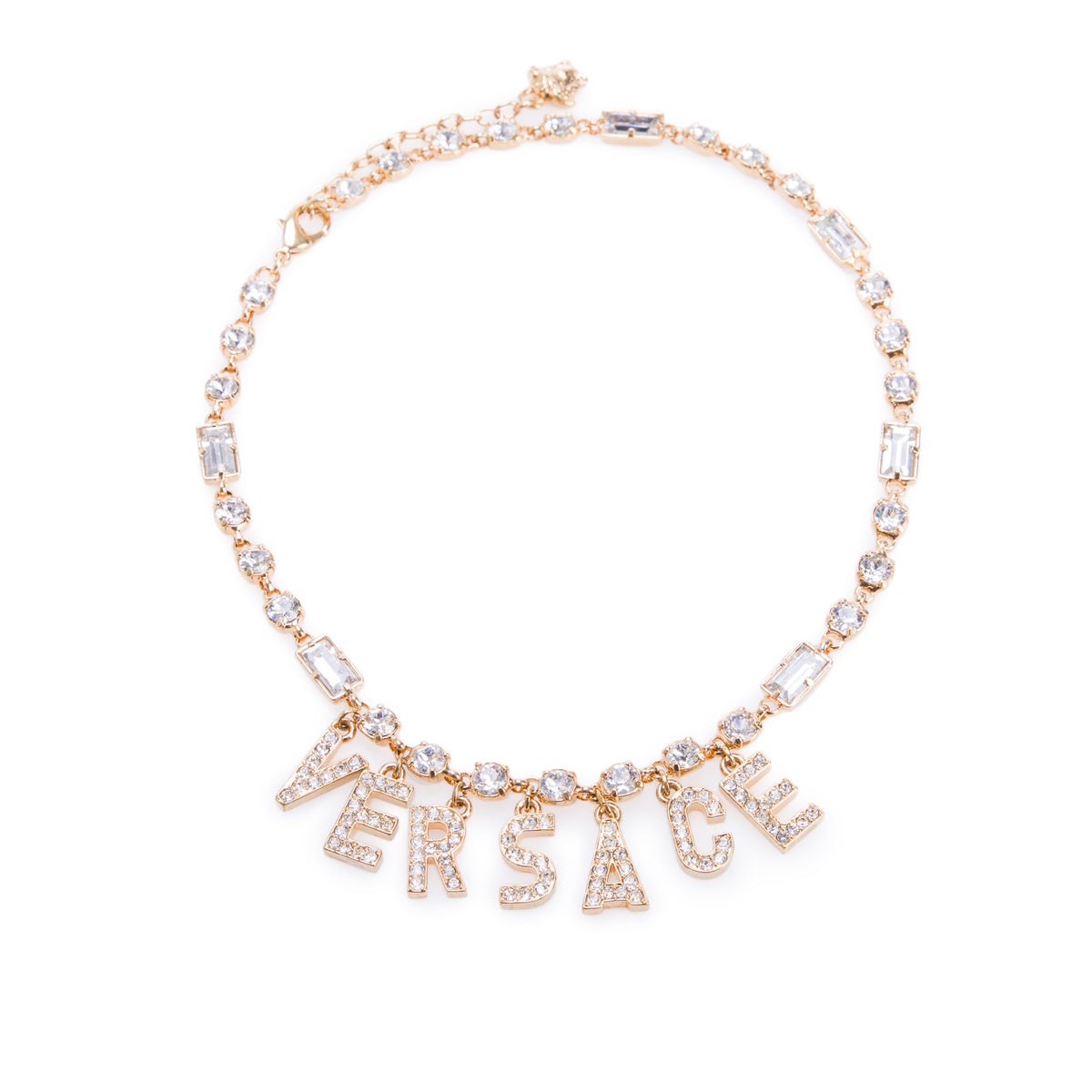 Versace Gold Plated Crystal Logo Charm Necklace