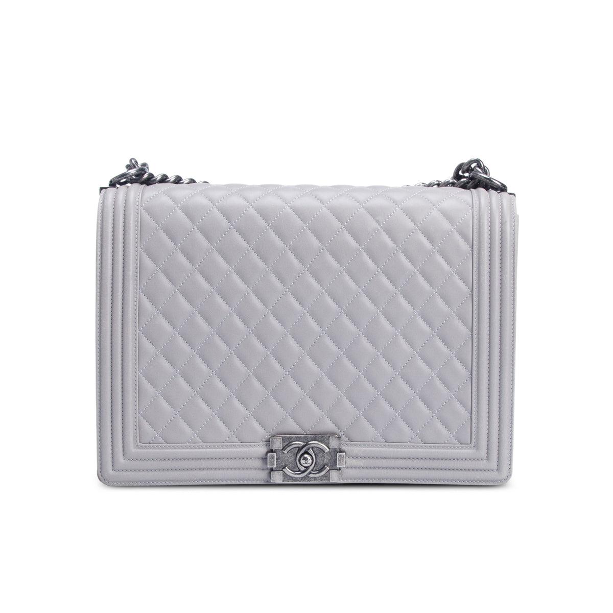 Chanel Grey Lambskin Quilted Leather Boy XL Bag w/ Authenticity Card
