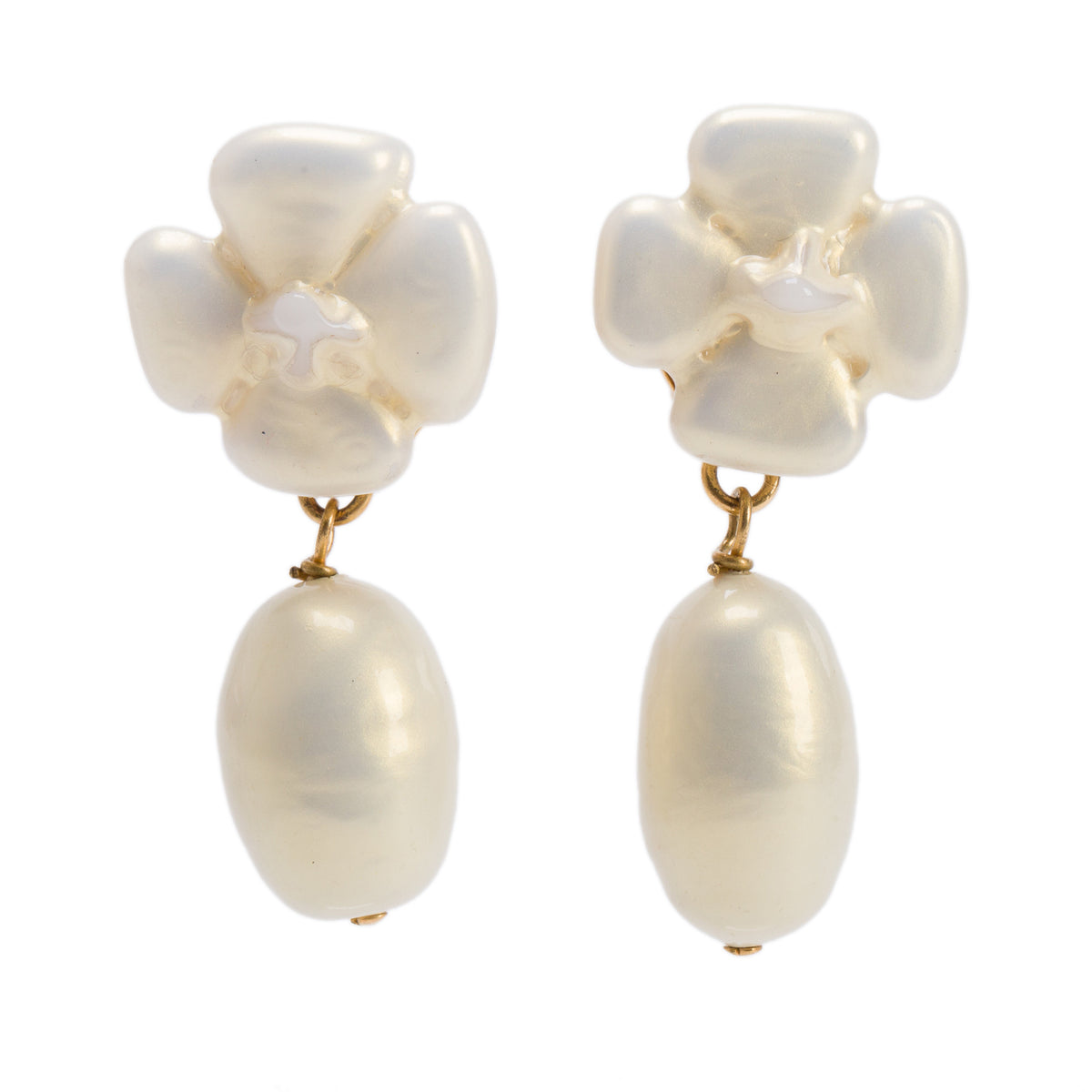 Chanel Vintage Gold Plated Faux Pearl Camelia Drop Clip-On Earrings