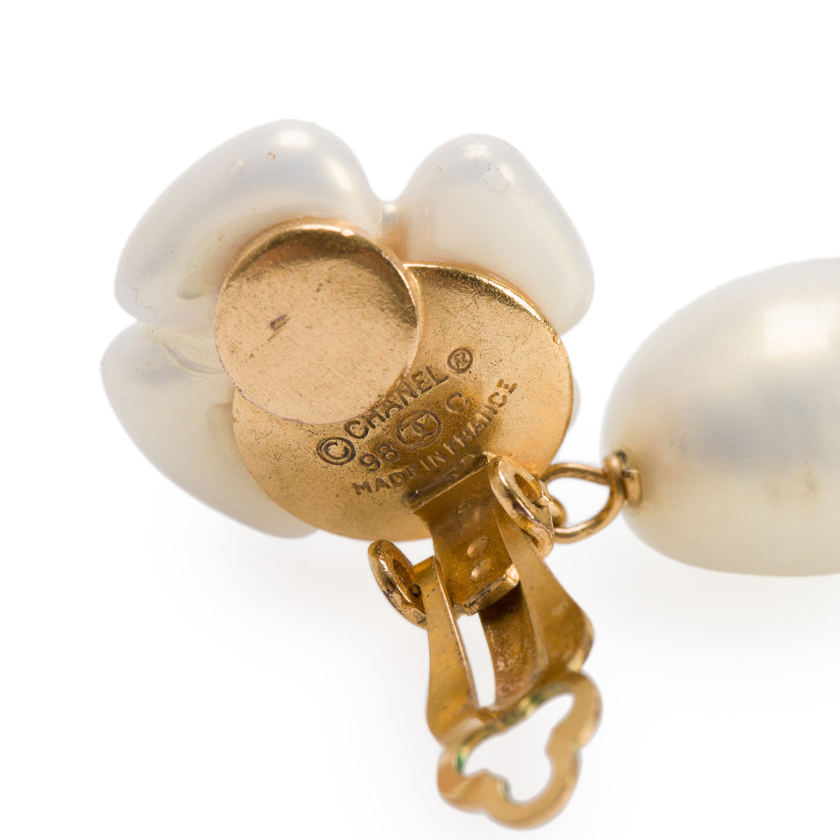 Chanel Vintage Gold Plated Faux Pearl Camelia Drop Clip-On Earrings