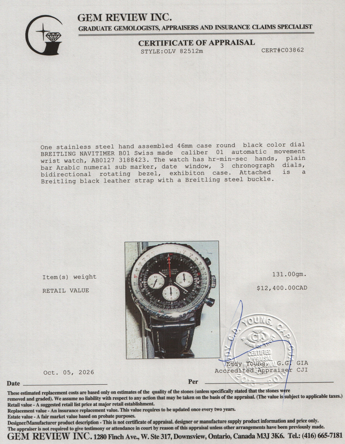 Breitling Stainless Steel Navitimer B01 46 MM Automatic Chronograph Watch Black Dial AB0127 w/ Box & Papers