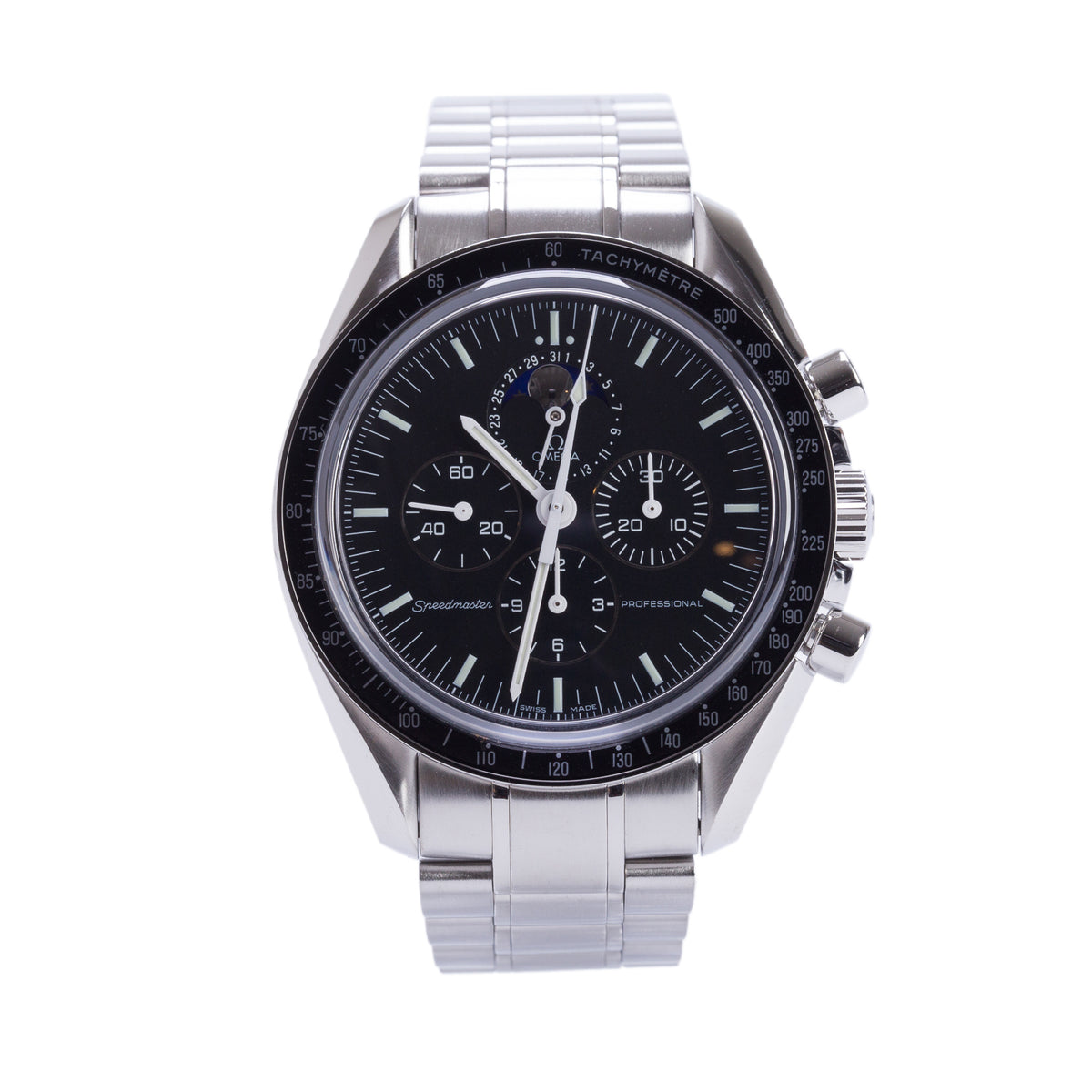 Omega Stainless Steel Speedmaster Professional Moonphase 42 MM Manual Watch Black Dial w/ Box & Papers