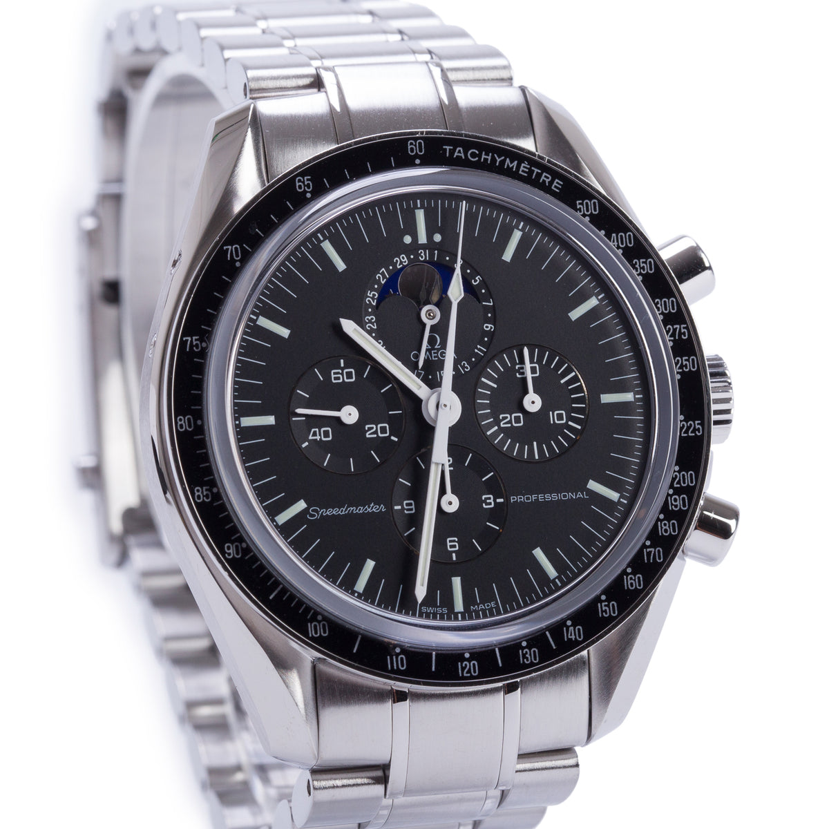 Omega Stainless Steel Speedmaster Professional Moonphase 42 MM Manual Watch Black Dial w/ Box & Papers