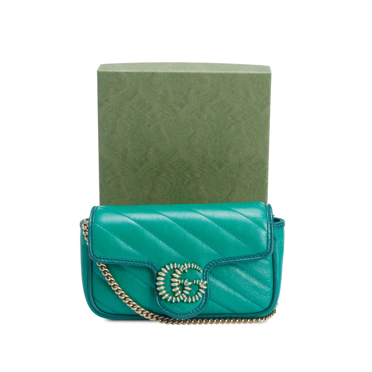 Gucci Green Azalea Calfskin Enamel Matelasse Diagonal Super Mini Torchon GG Marmont Shoulder Bag w/ Box