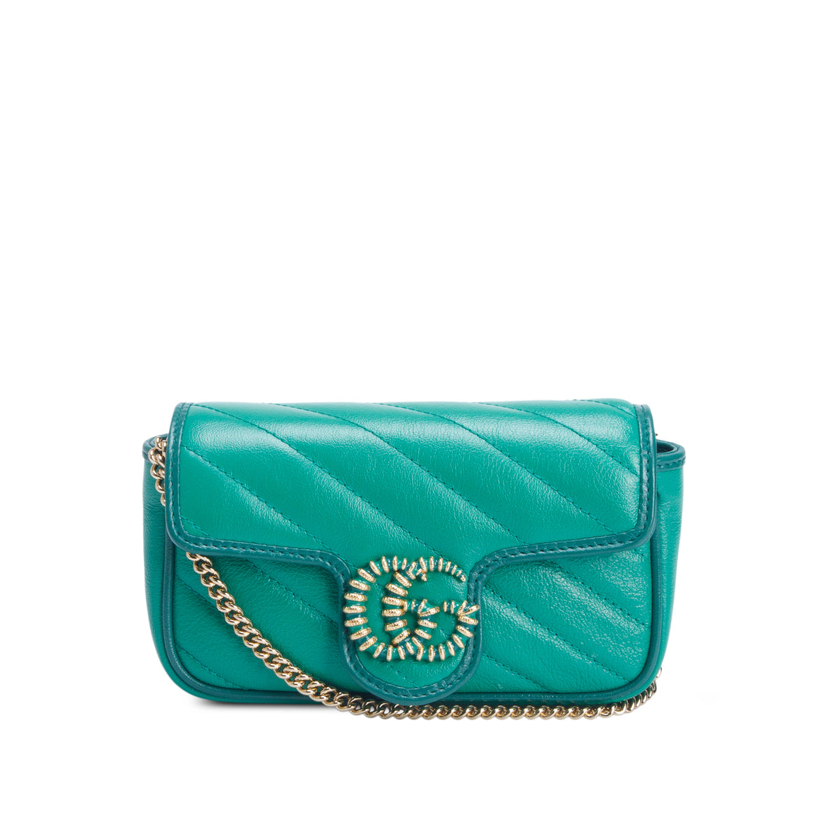 Gucci Green Azalea Calfskin Enamel Matelasse Diagonal Super Mini Torchon GG Marmont Shoulder Bag w/ Box
