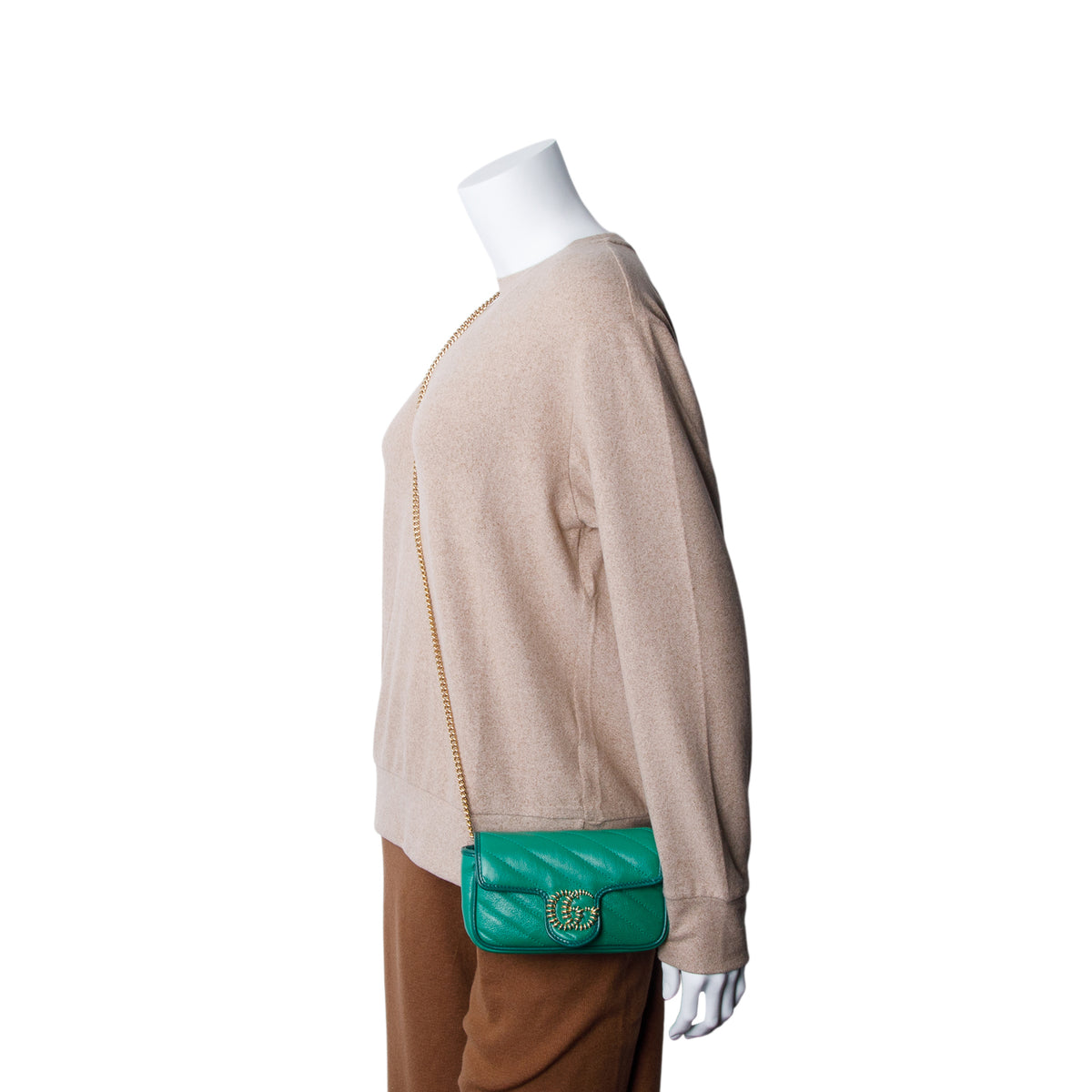 Gucci Green Azalea Calfskin Enamel Matelasse Diagonal Super Mini Torchon GG Marmont Shoulder Bag w/ Box