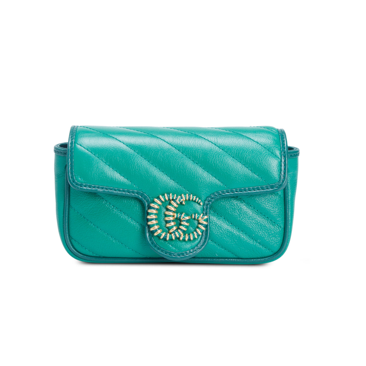 Gucci Green Azalea Calfskin Enamel Matelasse Diagonal Super Mini Torchon GG Marmont Shoulder Bag w/ Box