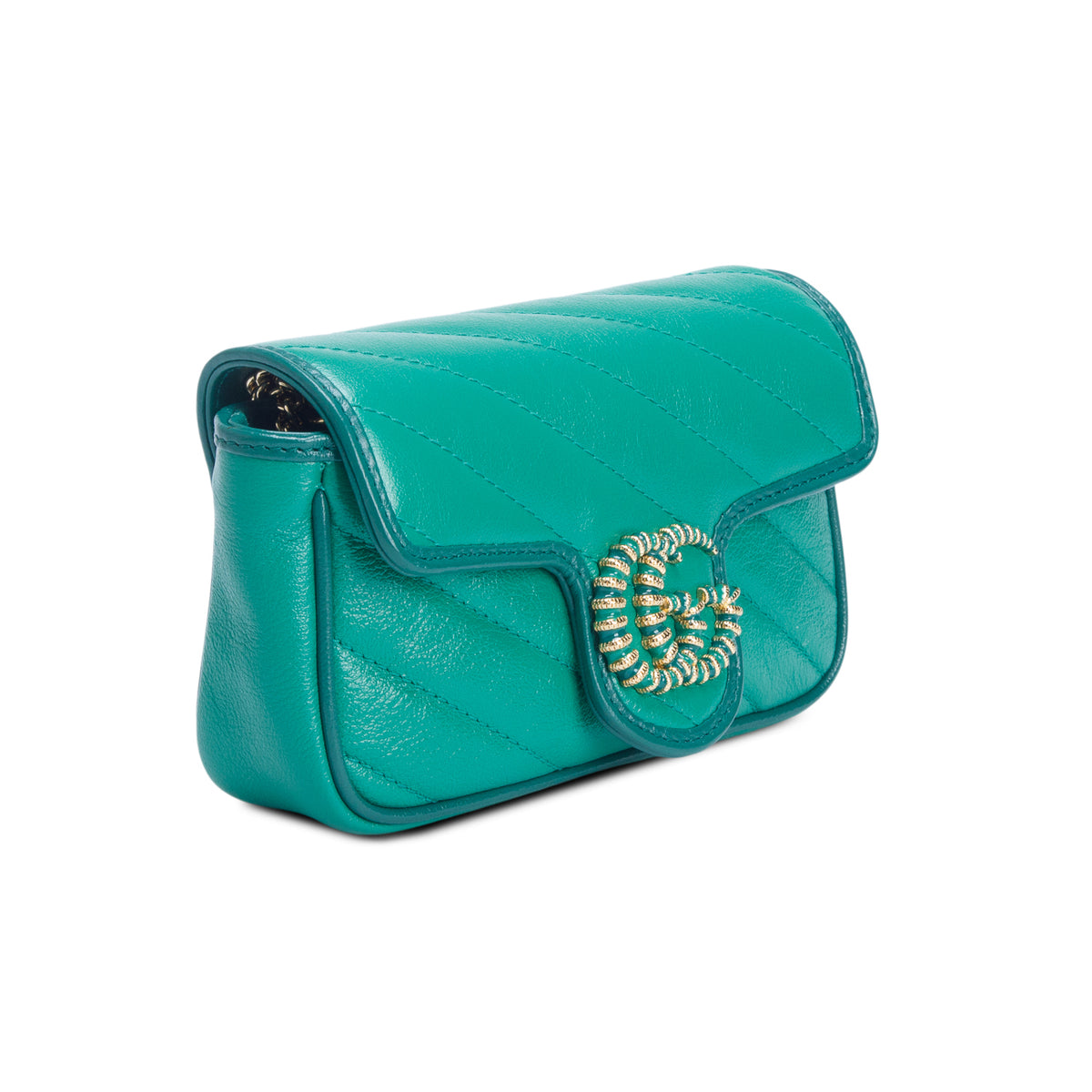 Gucci Green Azalea Calfskin Enamel Matelasse Diagonal Super Mini Torchon GG Marmont Shoulder Bag w/ Box
