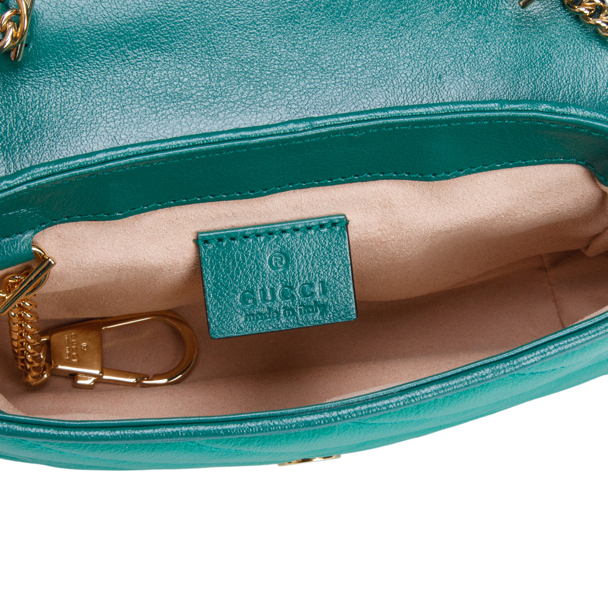 Gucci Green Azalea Calfskin Enamel Matelasse Diagonal Super Mini Torchon GG Marmont Shoulder Bag w/ Box
