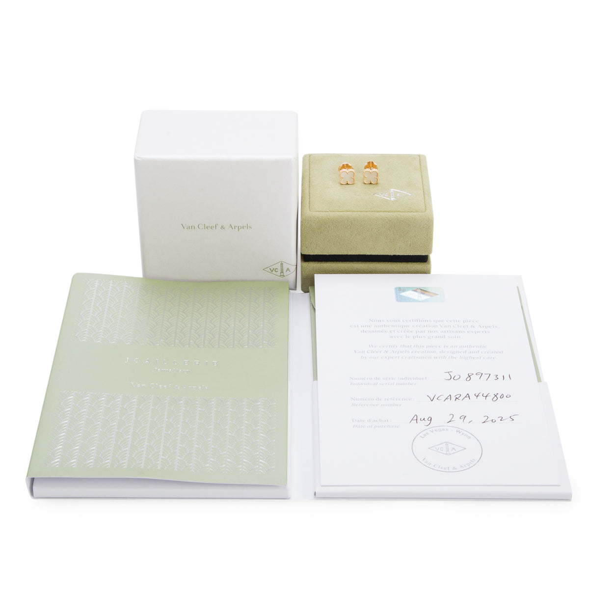 Van Cleef & Arpels 2025 18k Yellow Gold Sweet Alhambra Mother of Pearl Stud Earrings w/ Box & Certificate