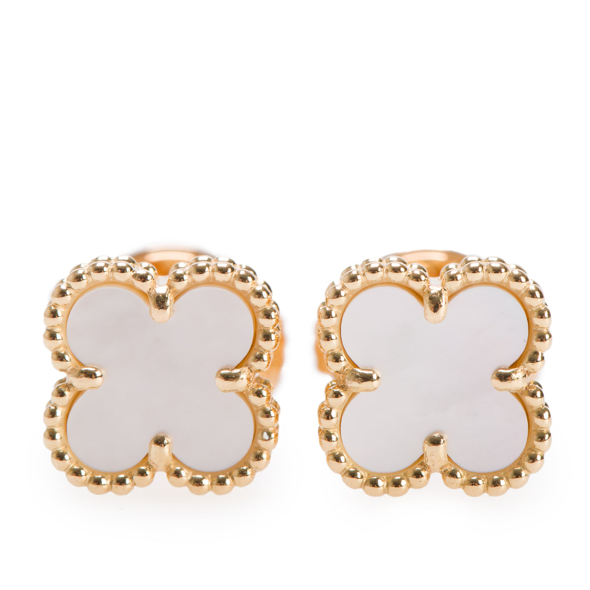Van Cleef & Arpels 2025 18k Yellow Gold Sweet Alhambra Mother of Pearl Stud Earrings w/ Box & Certificate